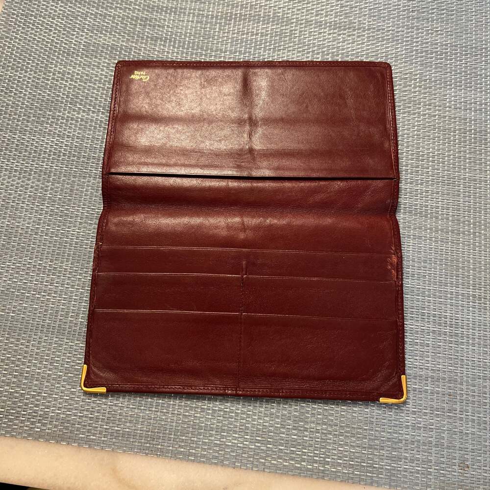 CARTIER VINTAGE MUST CC EMBOSSED LEATHER LONG WALLET BIFOLD FRANCE BURGUNDY RED